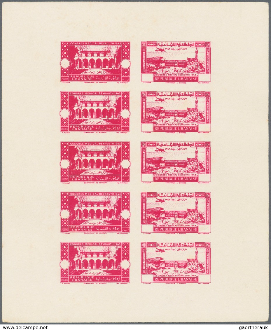 Libanon: 1943, Medical Congress, Combined Proof Sheet In Red On Bristol, Showing Five Se-tenant Pair - Liban