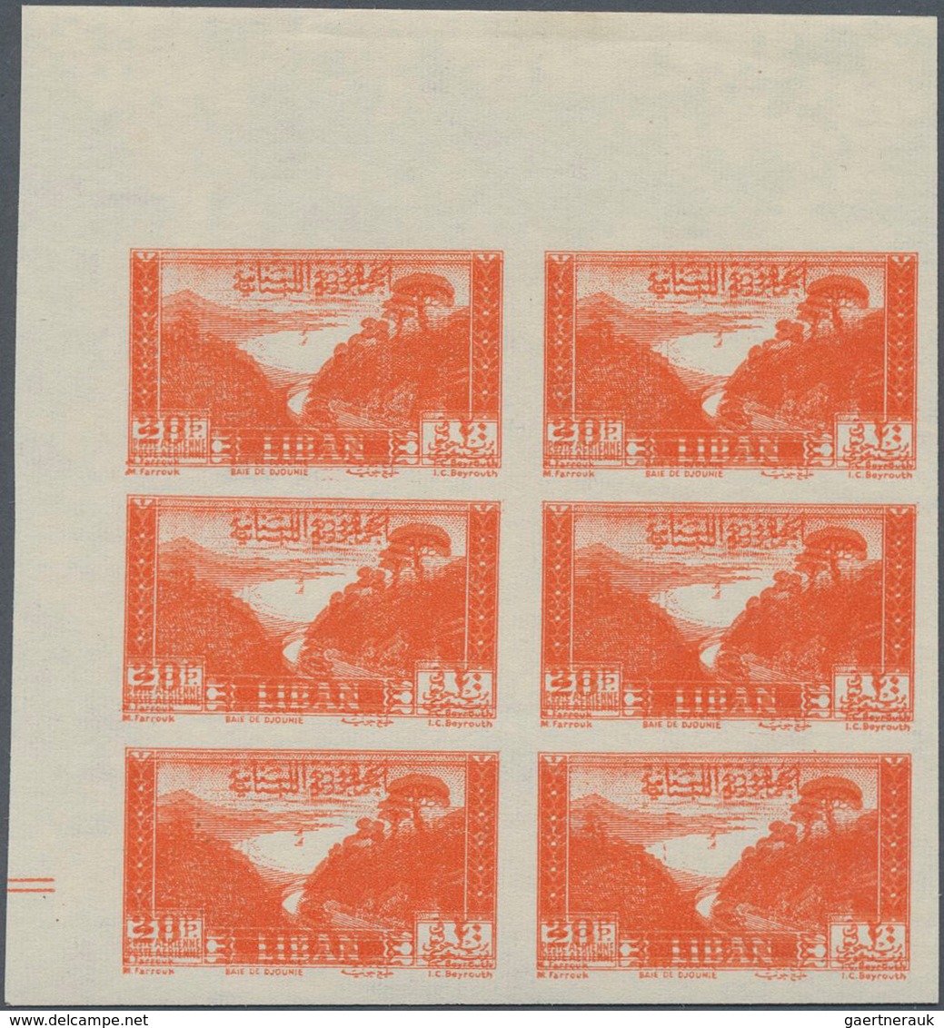 Libanon: 1947, Airmail Stamp 'Jounieh Bay' 20pia. Orange-red IMPERFORATE Block Of Six From Upper Lef - Liban