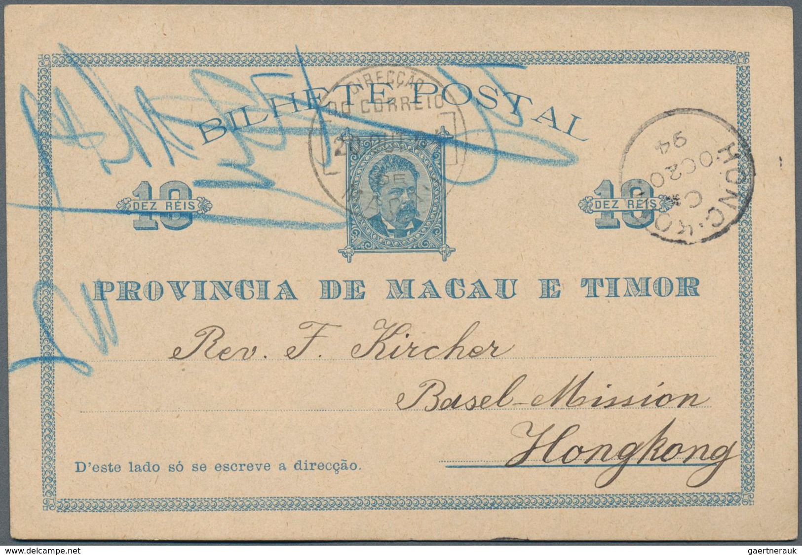 Macau - Ganzsachen: 1894, Card 10 R. Blue (2) Canc. "MACAU 7-SEP 94" Resp. "20-OCT 94"to Basel Missi - Ganzsachen