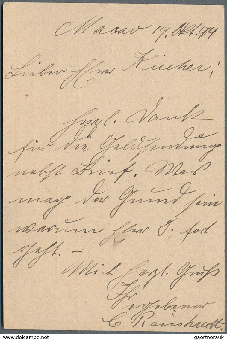 Macau - Ganzsachen: 1894, Card 10 R. Blue (2) Canc. "MACAU 7-SEP 94" Resp. "20-OCT 94"to Basel Missi - Ganzsachen