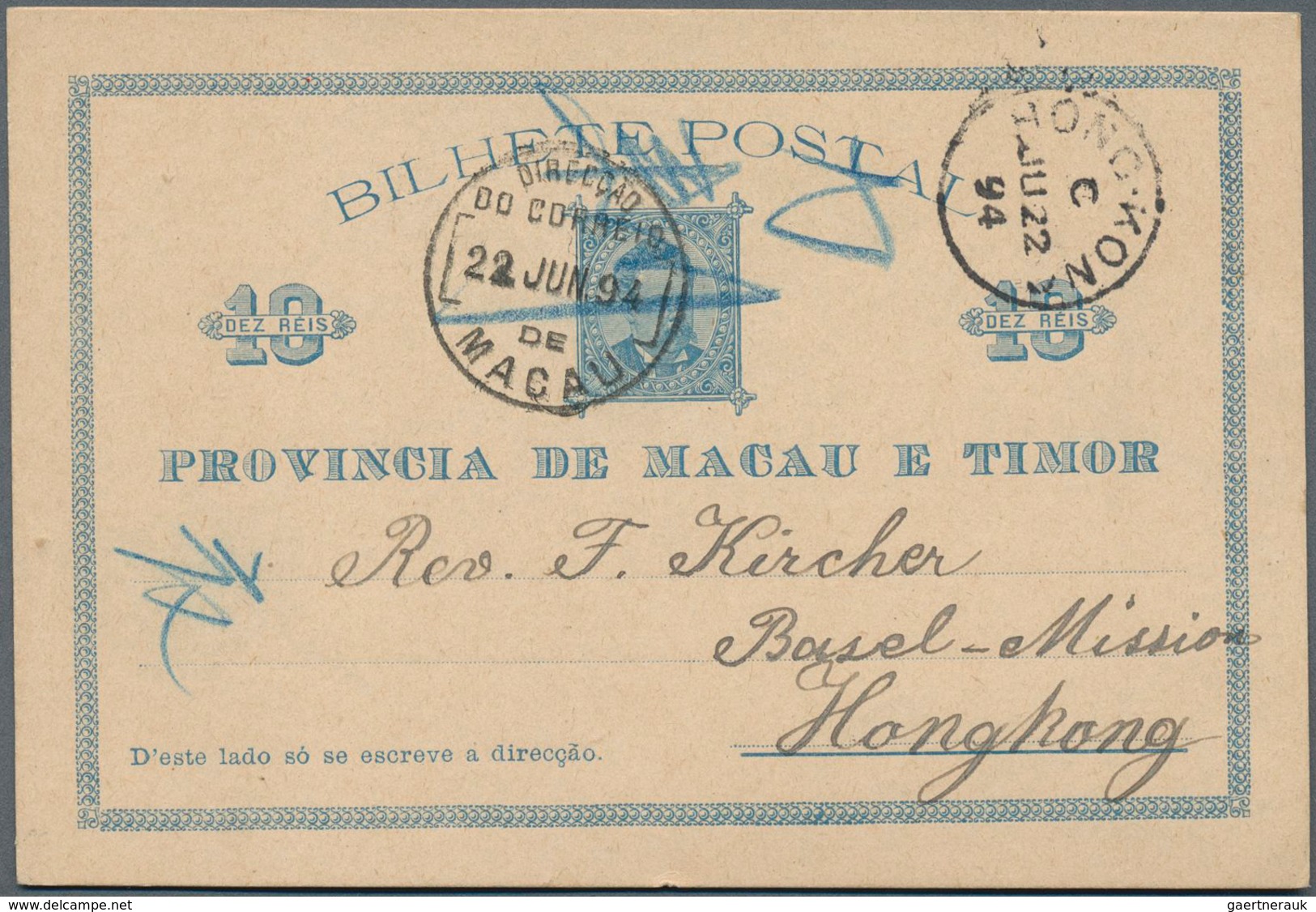 Macau - Ganzsachen: 1894, Card 10 R. Blue Canc. "MACAU 22-JUN 94" To Basel Mission / Hong Kong W. Sa - Ganzsachen