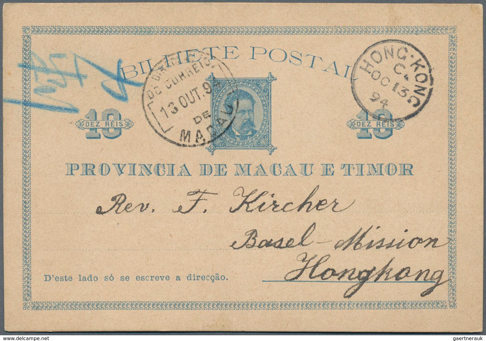 Macau - Ganzsachen: 1894, Card 10 R. Blue Canc. "MACAU 13-OCT 94" To Basel Mission / Hong Kong W. Sa - Ganzsachen