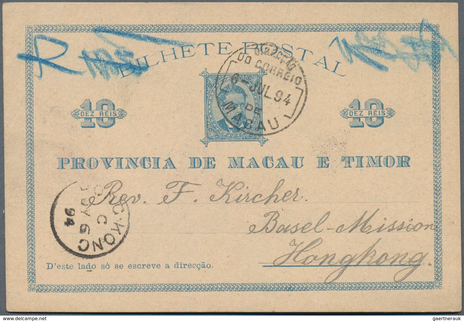 Macau - Ganzsachen: 1894, Card 10 R. Blue Canc. "MACAU 6-JUL 94" To Basel Mission / Hong Kong W. Sam - Ganzsachen