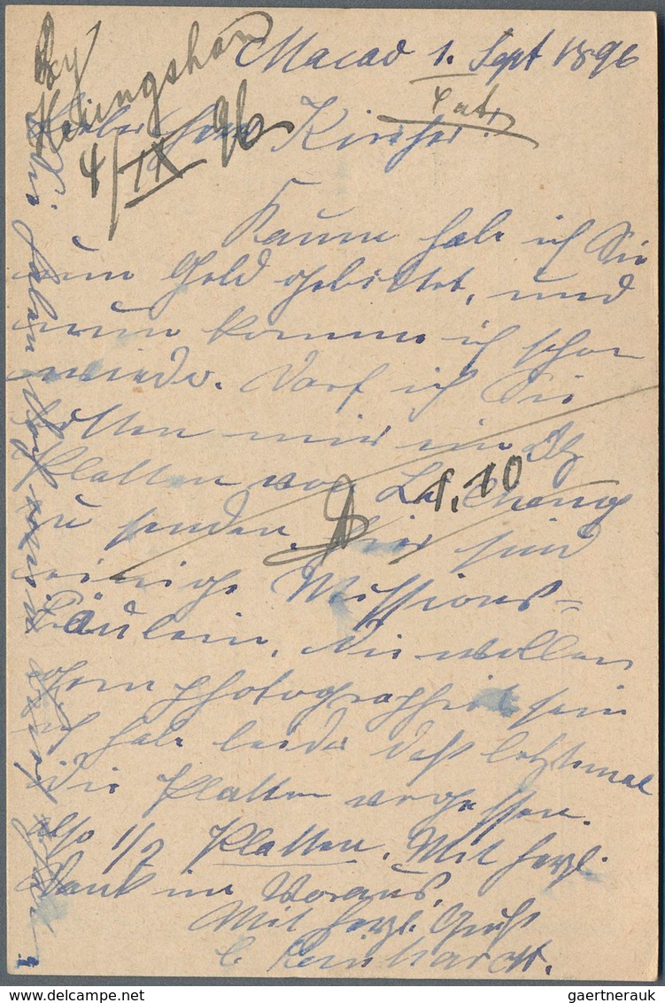 Macau - Ganzsachen: 1896, Card 2 Avos PROVISORIO/10 R. Blue (2) Canc. "MACAU 2-STP.95" Resp. "7-FEV. - Ganzsachen