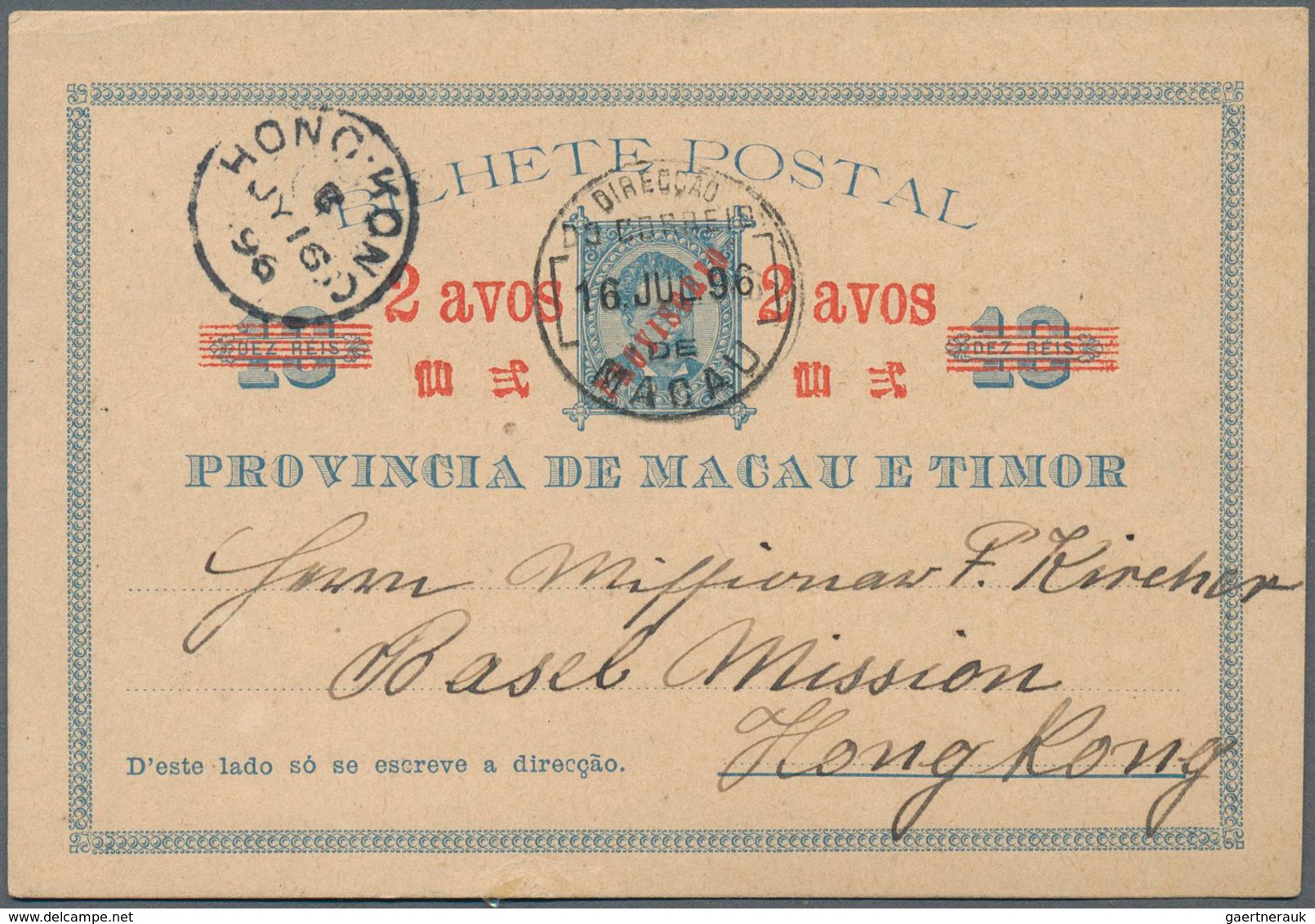 Macau - Ganzsachen: 1896, Card 2 Avos PROVISORIO/10 R. Blue Canc. "MACAU 16-JUL 96" To Basel Mission - Ganzsachen