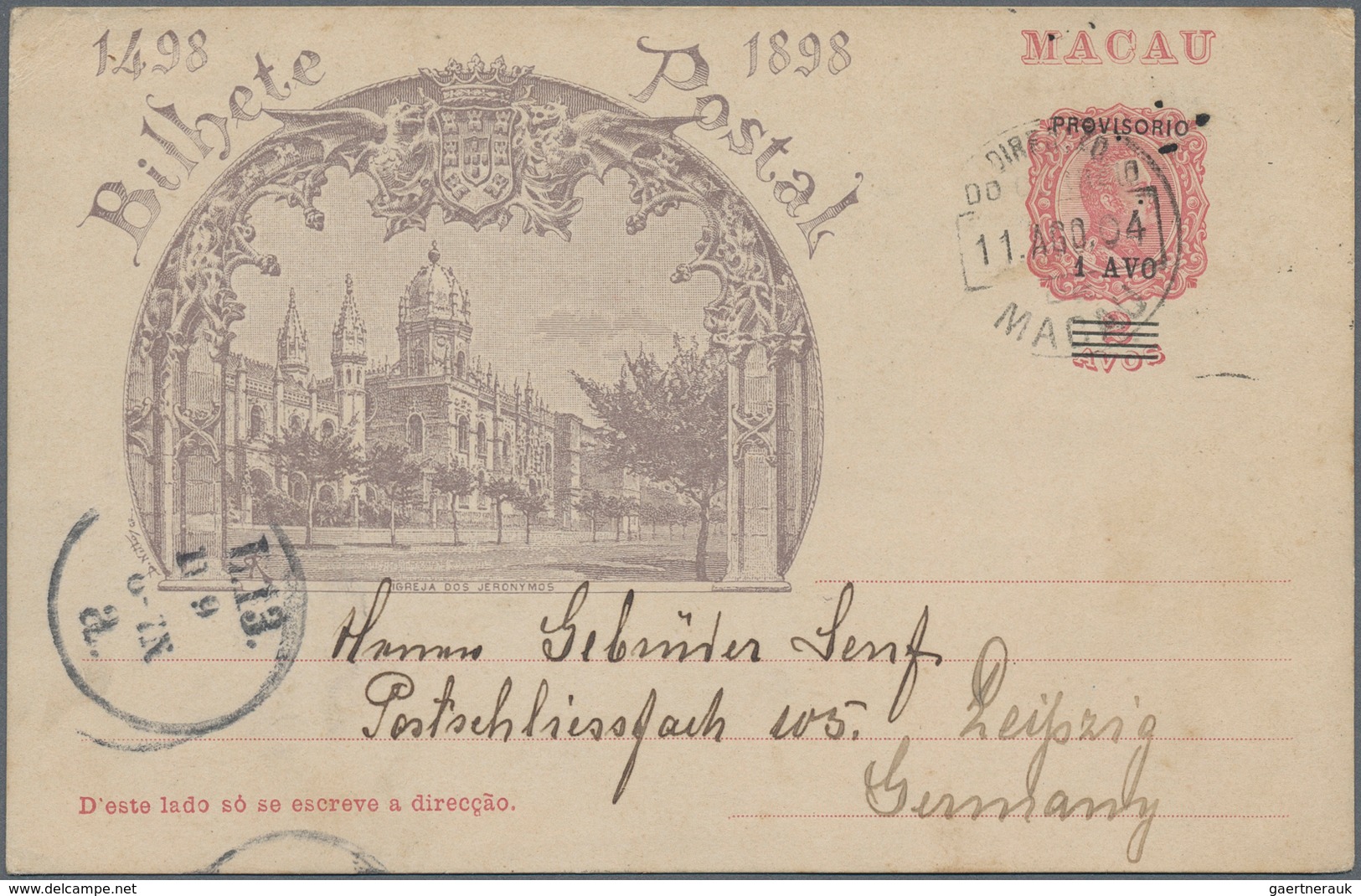 Macau - Ganzsachen: 1904, Customs Lappa: Jubilee Card Canc. "MACAU 11 AUG 04" To Leipzig/Germany Wit - Ganzsachen
