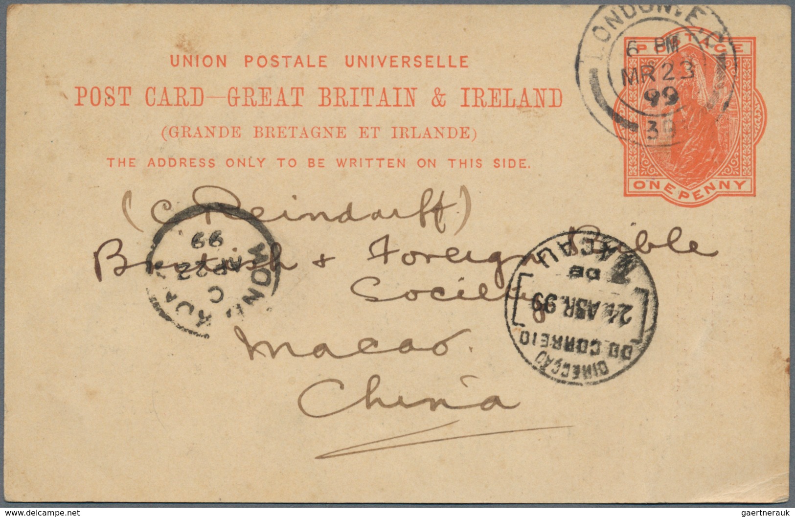 Macau - Besonderheiten: Incoming Mail, 1899, UK, Stationery Card QV 1d "LONDON MR 23 99" Via Hong Ko - Autres & Non Classés