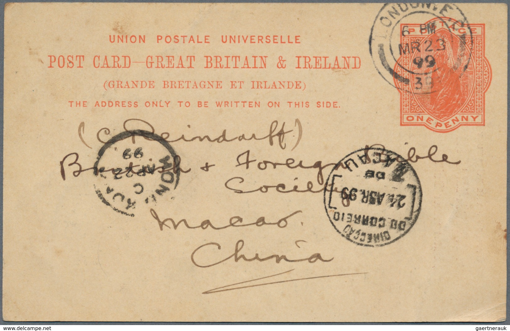 Macau - Besonderheiten: Incoming Mail, 1899, UK, Stationery Card QV 1d "LONDON MR 23 99" Via Hong Ko - Sonstige & Ohne Zuordnung