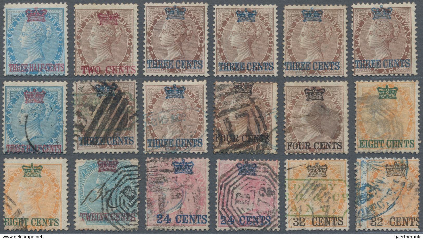 Malaiische Staaten - Straits Settlements: 1867 Crown & New Currency Overprints: Group Of 18 Stamps, - Straits Settlements