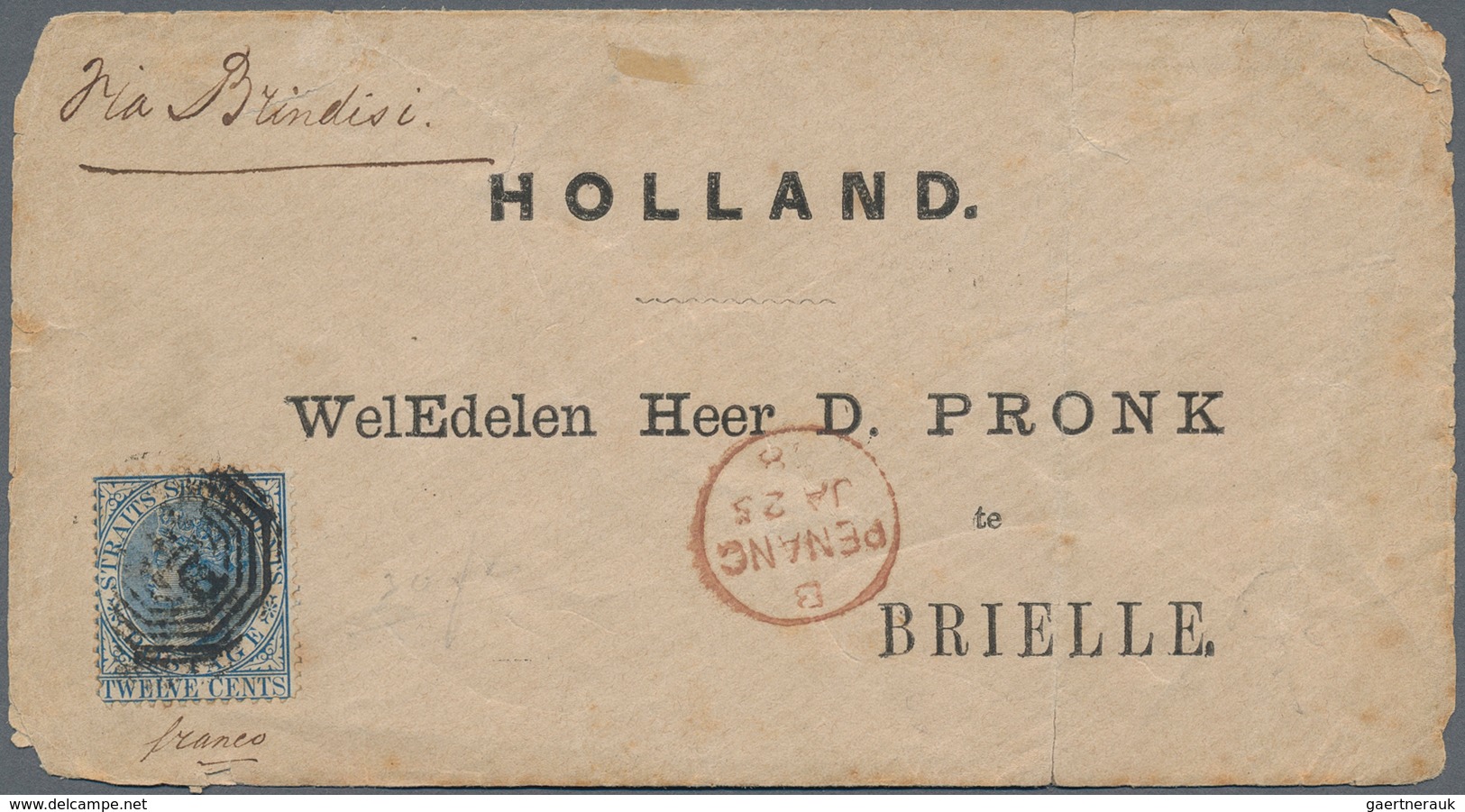 Malaiische Staaten - Straits Settlements: 1867, QV 12 C. Blue Tied "B172" With Red "PENANG JA25 78" - Straits Settlements
