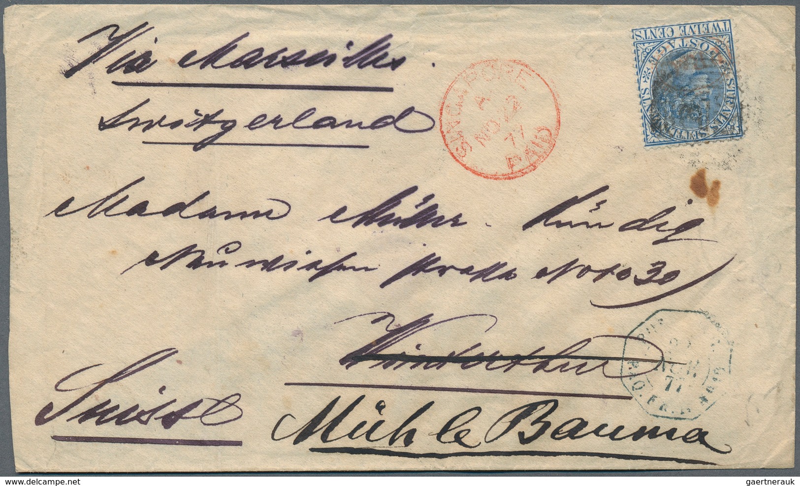 Malaiische Staaten - Straits Settlements: 1877, 12 C Blue QV With Oval Red Company Cancel "PR & Co." - Straits Settlements