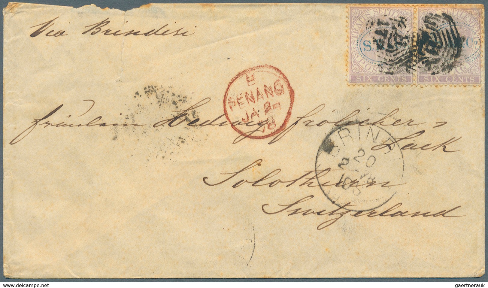 Malaiische Staaten - Straits Settlements: 1878 Cover To Solothurn, Switzerland 'Via Brindisi' Franke - Straits Settlements