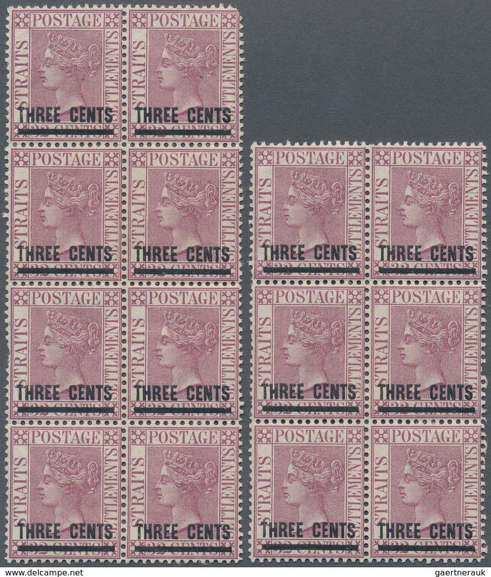 Malaiische Staaten - Straits Settlements: 1885 QV 3c. On 32c. Pale Magenta, Vertical Blocks Of Eight - Straits Settlements