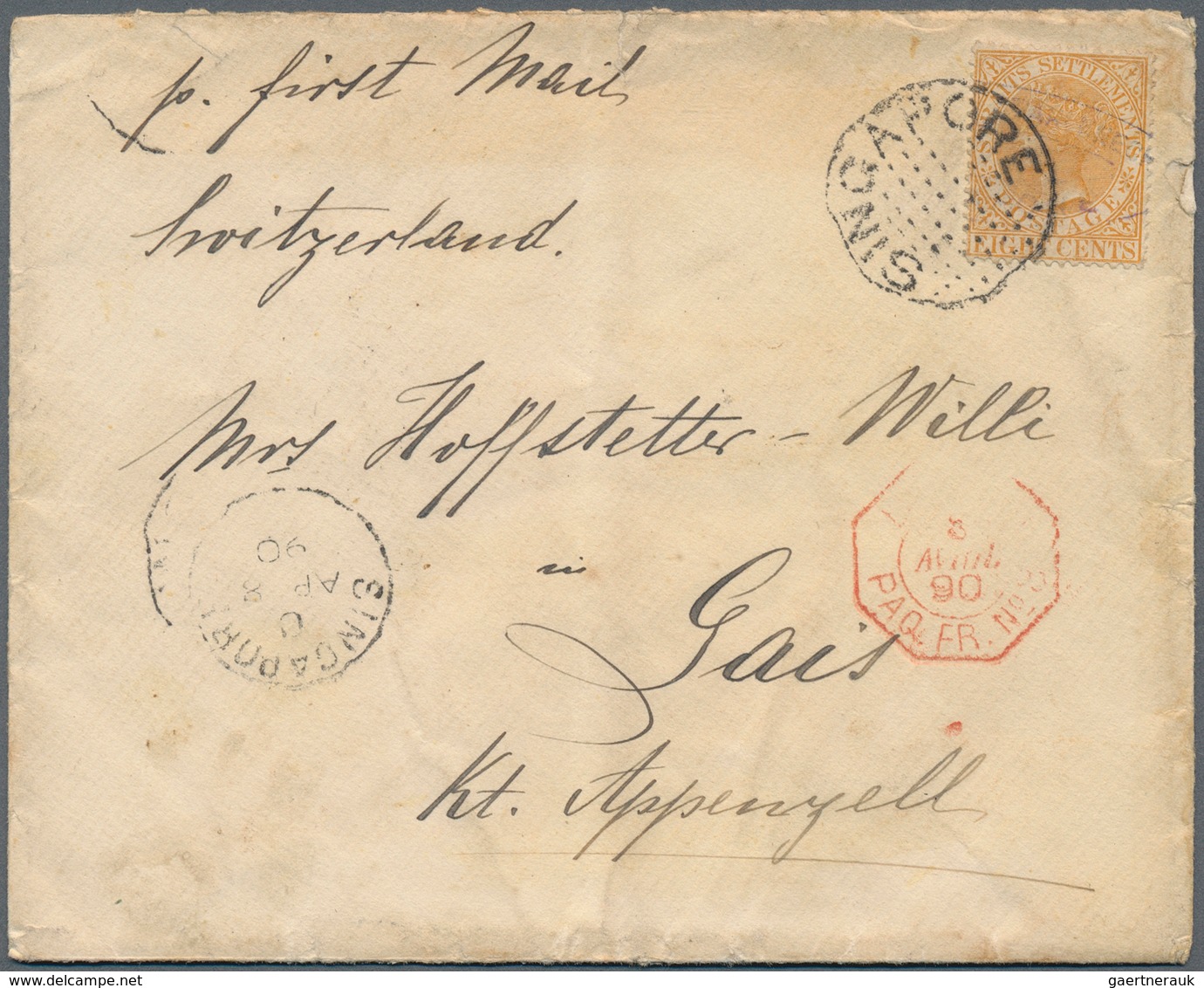 Malaiische Staaten - Straits Settlements: 1890, 8 C Orange QV With Company Cancel, Tied By Dotted Si - Straits Settlements
