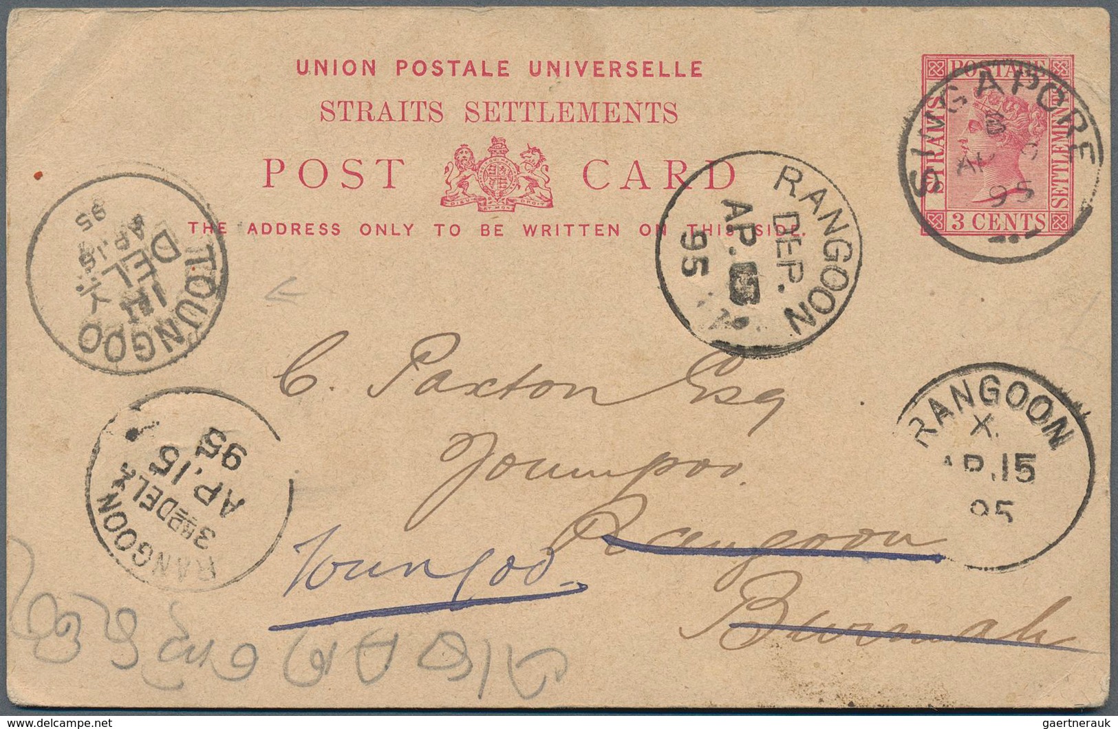 Malaiische Staaten - Straits Settlements: 1895 Postal Stationery Card QV 3c. Carmine Used From SINGA - Straits Settlements