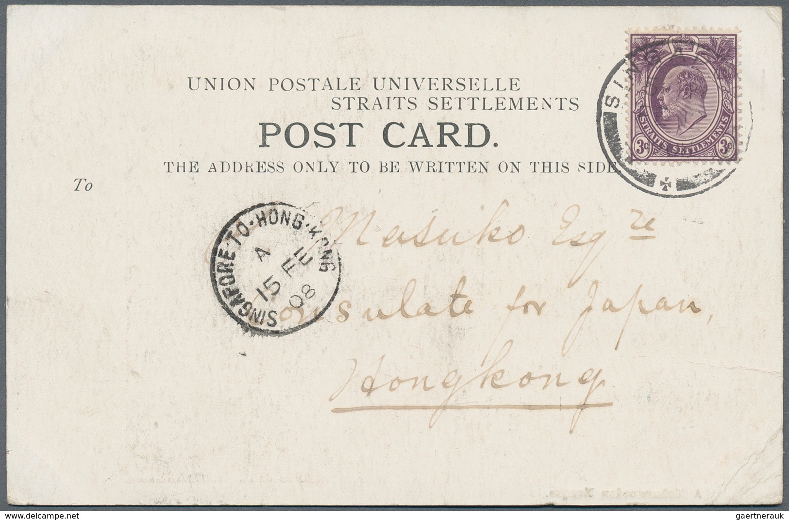 Malaiische Staaten - Straits Settlements: 1908, 3 C Plum KEVII, Single Franking On Picture Postcard - Straits Settlements