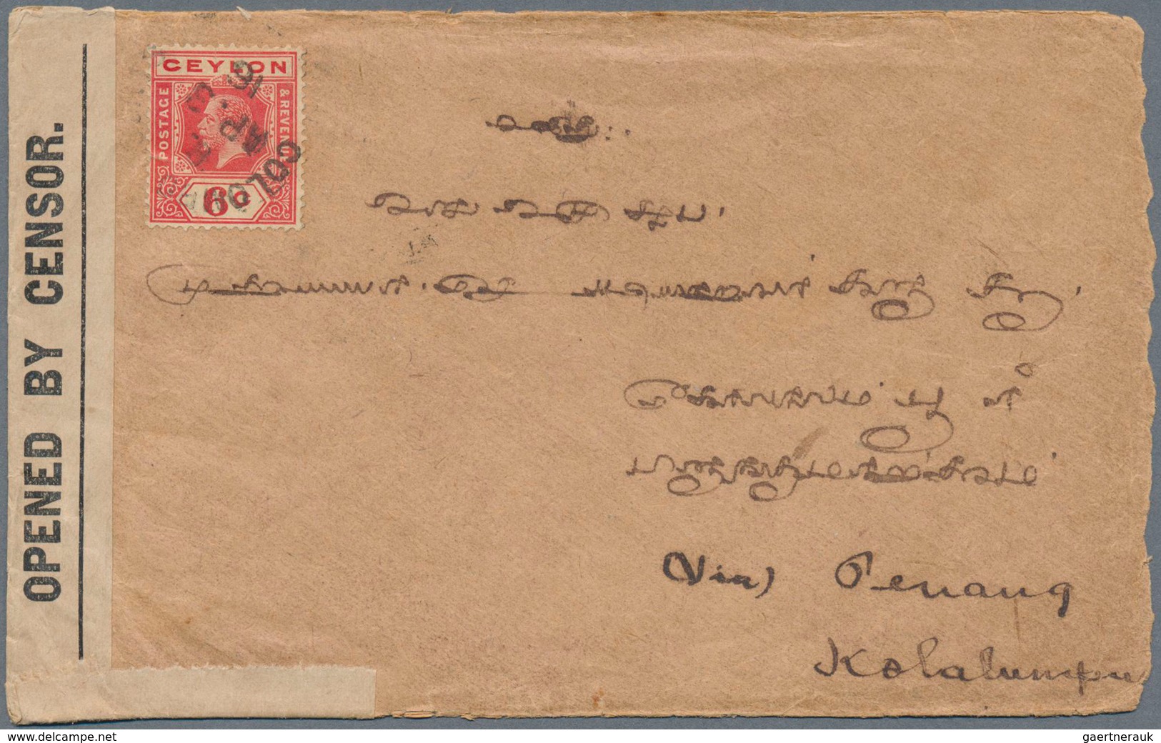 Malaiische Staaten - Straits Settlements: 1916, Ceylon: 6 C Scarlet Single Franking On Cover From CO - Straits Settlements