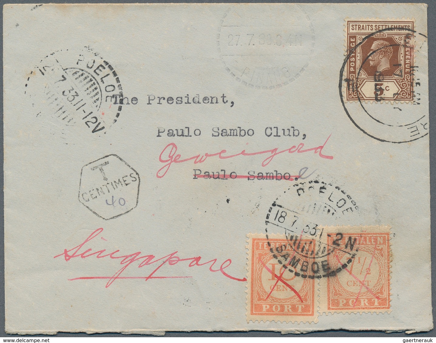 Malaiische Staaten - Straits Settlements: 1933, 5 C Brown KGV, Underpaid Single Franking On Cover Fr - Straits Settlements