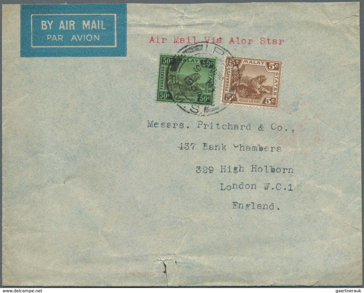 Malaiischer Staatenbund: 1934, Two Airmail Covers Headed 'Air Mail Via Alor Star' Bearing Tiger Stam - Federated Malay States