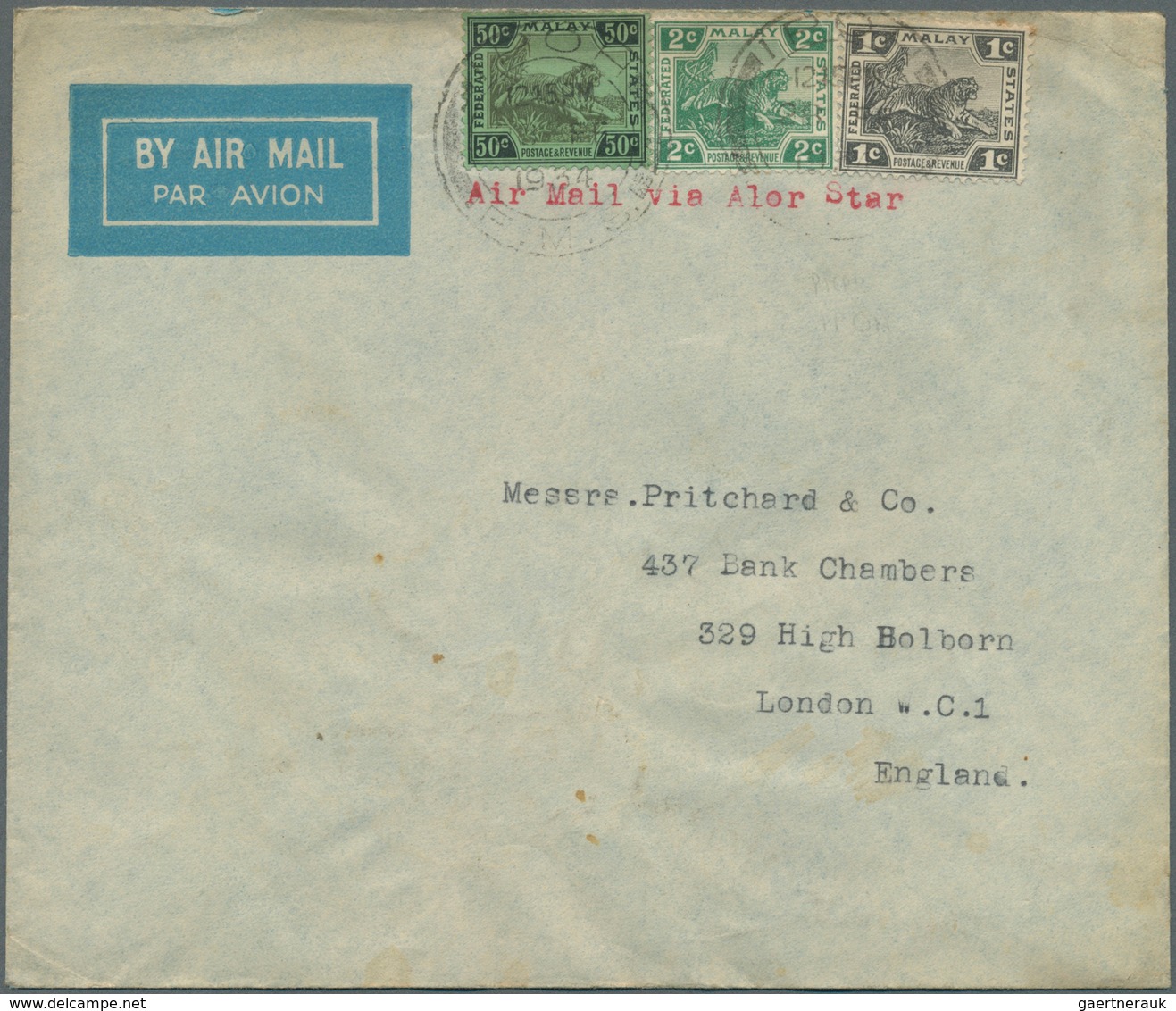 Malaiischer Staatenbund: 1934, Two Airmail Covers Headed 'Air Mail Via Alor Star' Bearing Tiger Stam - Federated Malay States