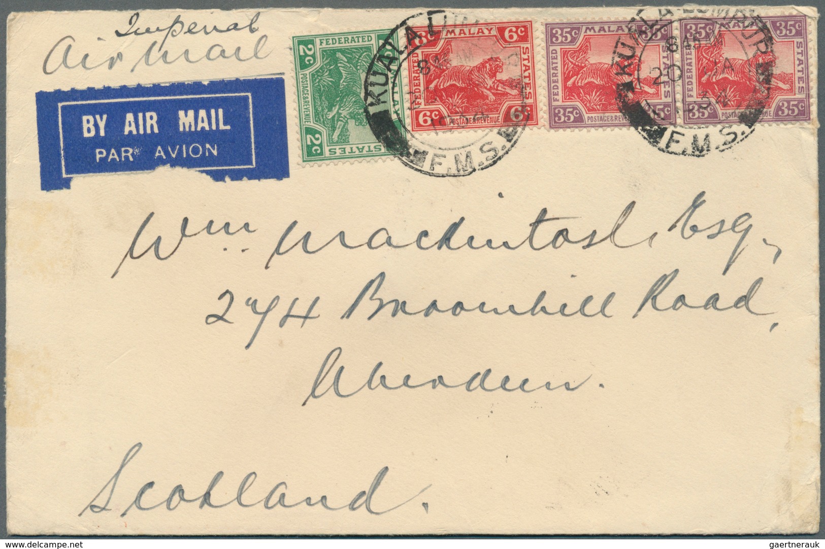 Malaiischer Staatenbund: 1934 (20.1.), Airmail Cover Endorsed 'Imperial Air Mail' Bearing Diff. Tige - Federated Malay States