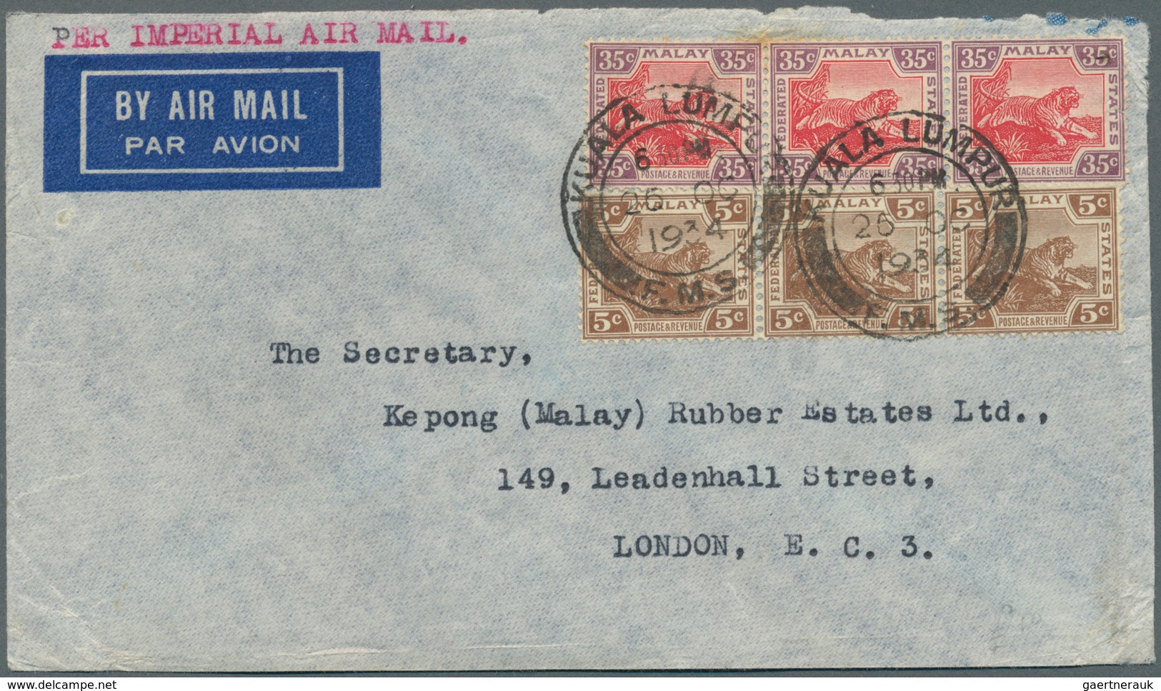 Malaiischer Staatenbund: 1934 (25.10.), Airmail Cover Endorsed 'Per Imperial Air Mail' Bearing Horiz - Federated Malay States