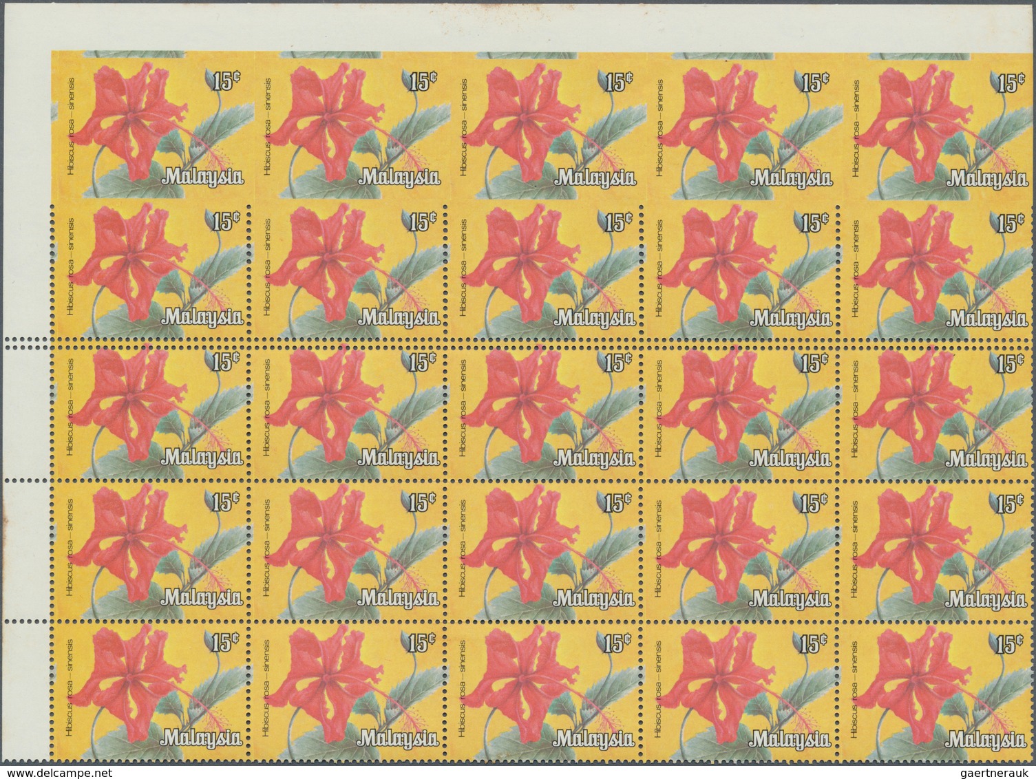 Malaiische Staaten - Bundesterritorien: 1979, Flowers 15c. 'Hibiscus Rosa-sinensis' Block Of 25 From - Federation Of Malaya