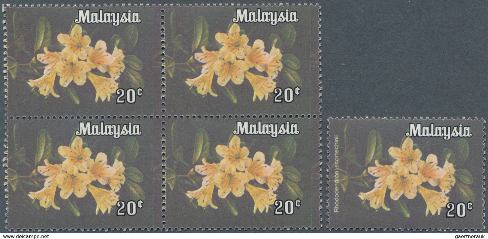 Malaiische Staaten - Bundesterritorien: 1979, Flowers 20c. 'Rhododendron Scortechinii' Block Of Four - Fédération De Malaya