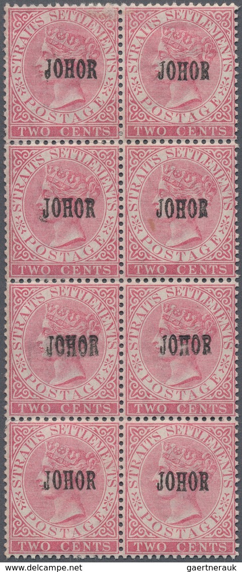 Malaiische Staaten - Johor: 1884-91 QV 2c. Rose Optd. "JOHOR" Type 13, Vertical Block Of Eight, Mint - Johore