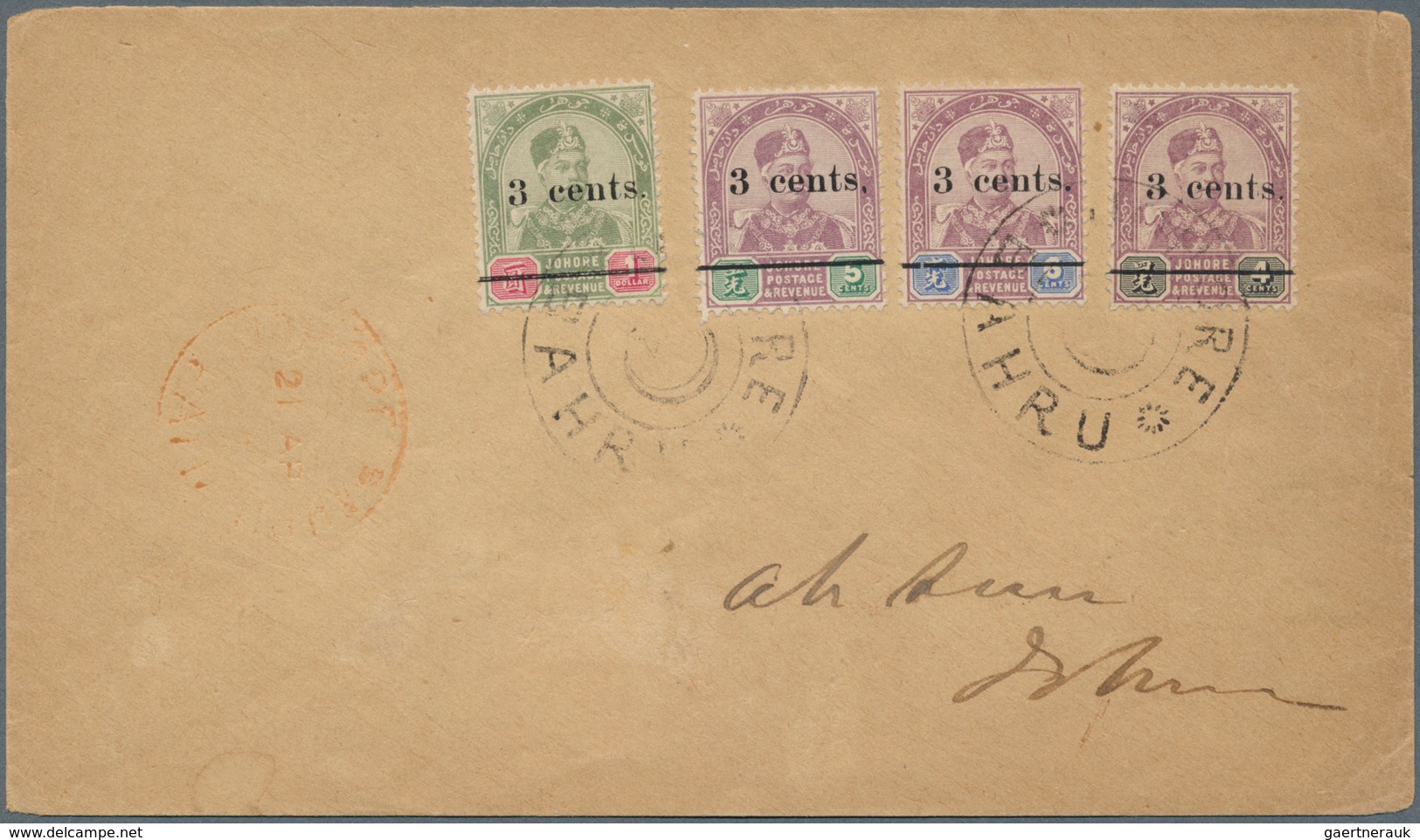 Malaiische Staaten - Johor: 1894, Sultan Abu Bakar Complete Surcharges Set Of Four Used On Local Cov - Johore