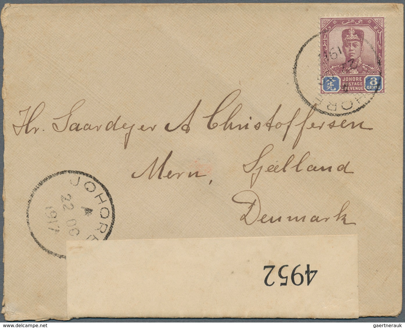 Malaiische Staaten - Johor: 1917, 8 C Purple/blue, Single Franking On Cover From JOHORE, 22 OC 1917, - Johore