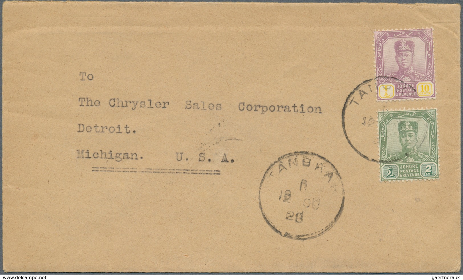 Malaiische Staaten - Johor: 1928, 2 C Green And 10 C Purple/yellow, Mixed Franking On Cover With Sin - Johore
