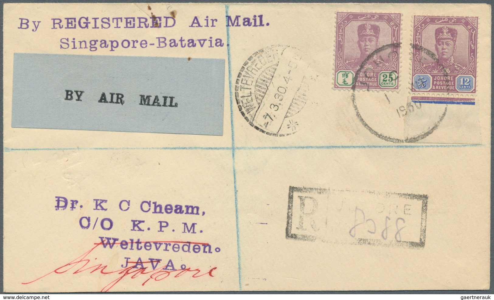 Malaiische Staaten - Johor: 1930 Malaya-Dutch Indies Airmail Letter Rate Of 22c. (from Early Feb. To - Johore