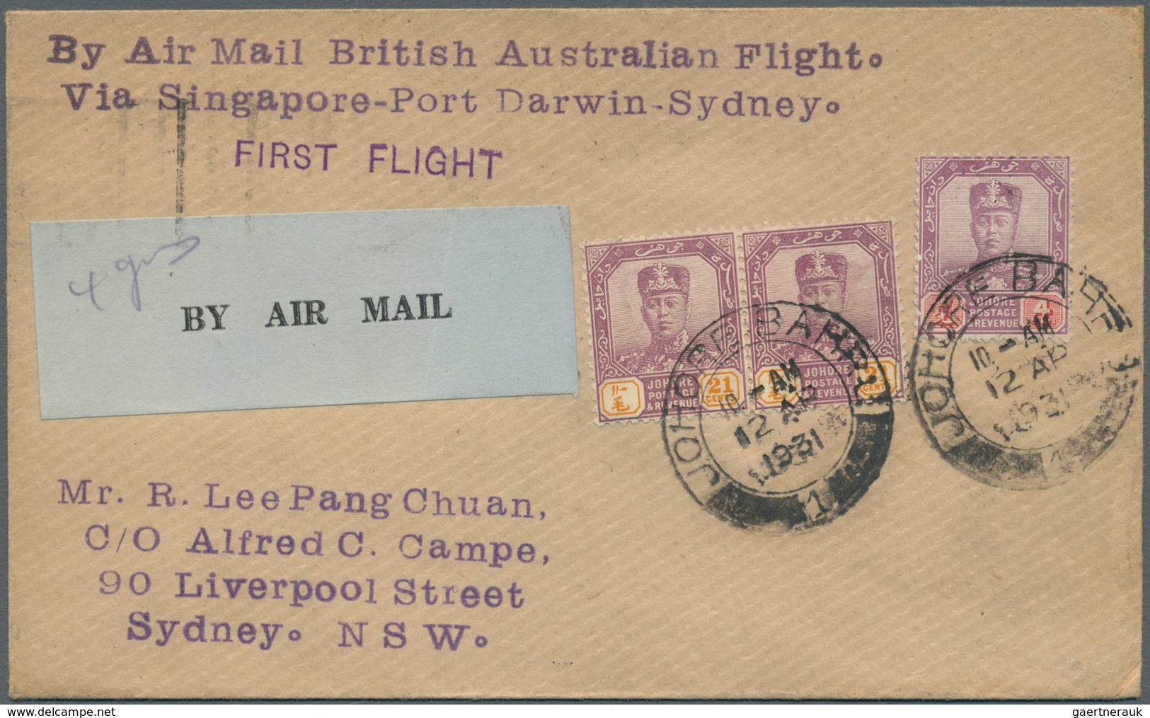 Malaiische Staaten - Johor: 1931 British Australian First Flight Cover From Johore Bahru To Sydney V - Johore