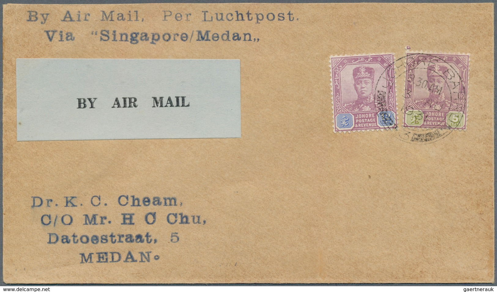 Malaiische Staaten - Johor: 1931, JOHORE BAHRU-DUTCH EAST INDIES Franked With 17 C For The Flight Si - Johore