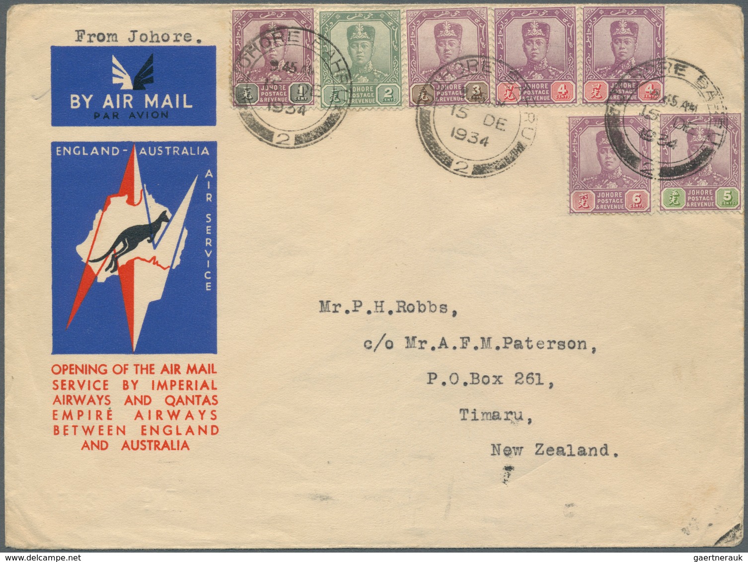 Malaiische Staaten - Johor: 1934 Malaya-New Zealand Airmail Letter Rate 25c. (1934-1938): Printed 'E - Johore