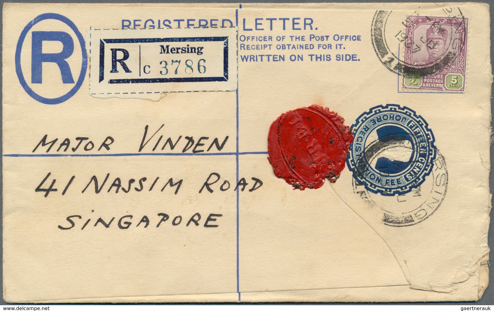 Malaiische Staaten - Johor: 1937/1938, Two Registered Letters Sultan Sir Ibrahim 15c. Dark Blue Embo - Johore