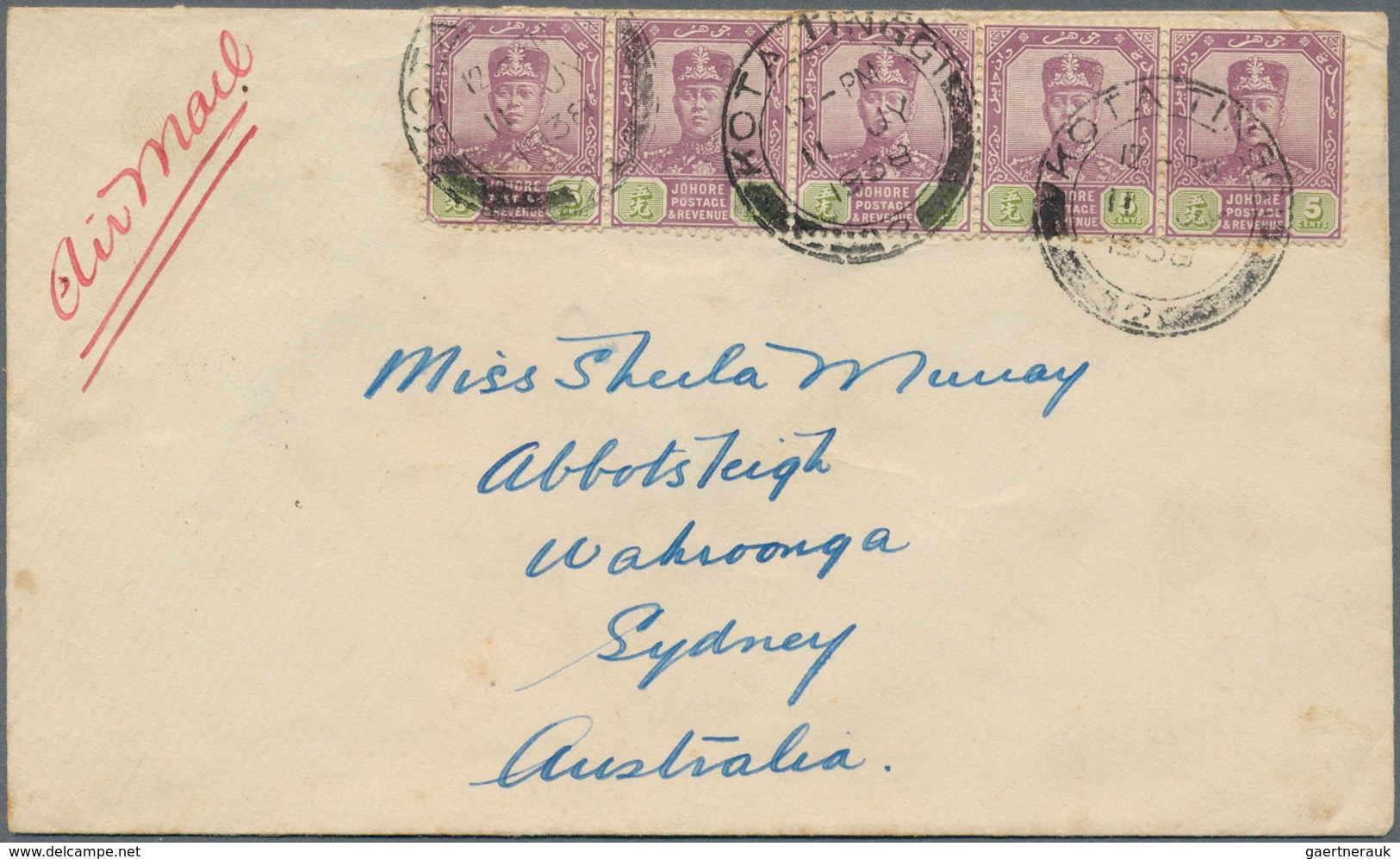 Malaiische Staaten - Johor: 1938 Airmail Cover From Kota Tinggi To Australia Franked By 1922 5c. Str - Johore