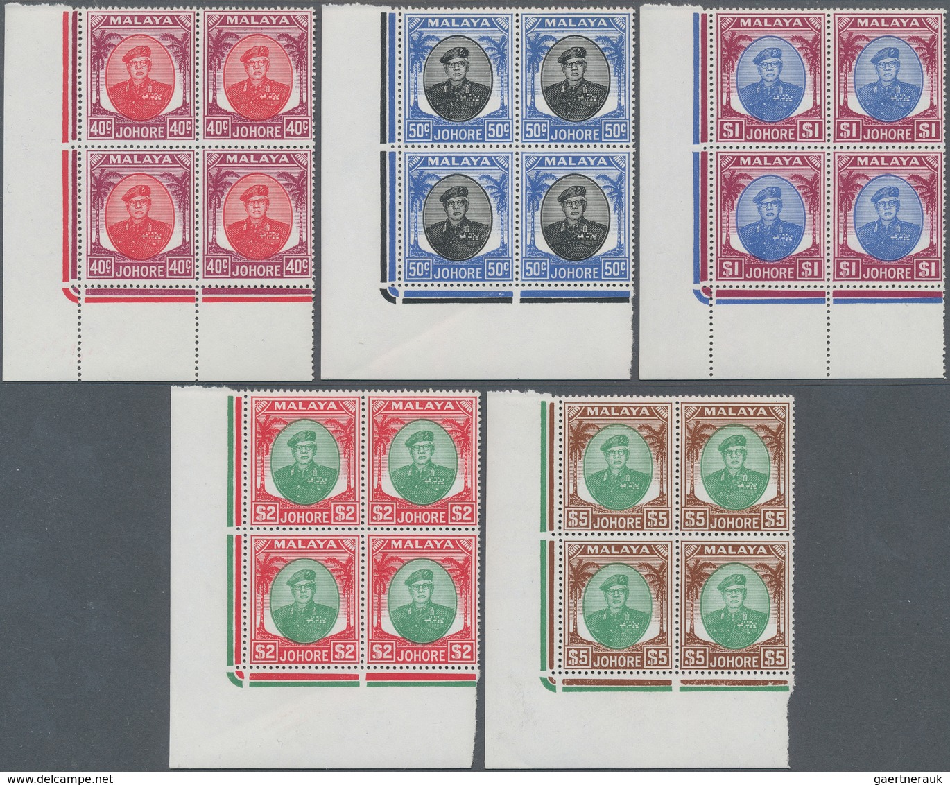 Malaiische Staaten - Johor: 1949 'Sultan Sir Ibrahim' Highest Values (40c. To $5), Bottom Left Corne - Johore