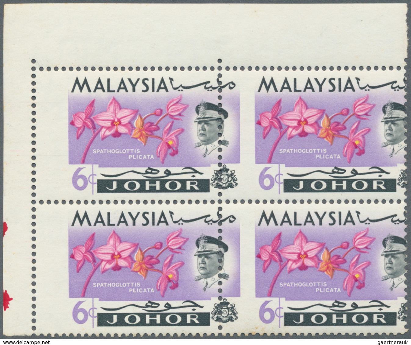Malaiische Staaten - Johor: 1965, Orchids 6c. 'Spathoglottis Plicata' Block Of Four From Upper Left - Johore