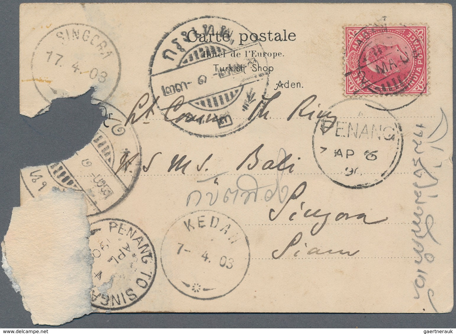 Malaiische Staaten - Kedah: 1903 "KEDAH/7- 4. 03" Transit Cds On Postcard From ADEN To Singora, SIAM - Kedah