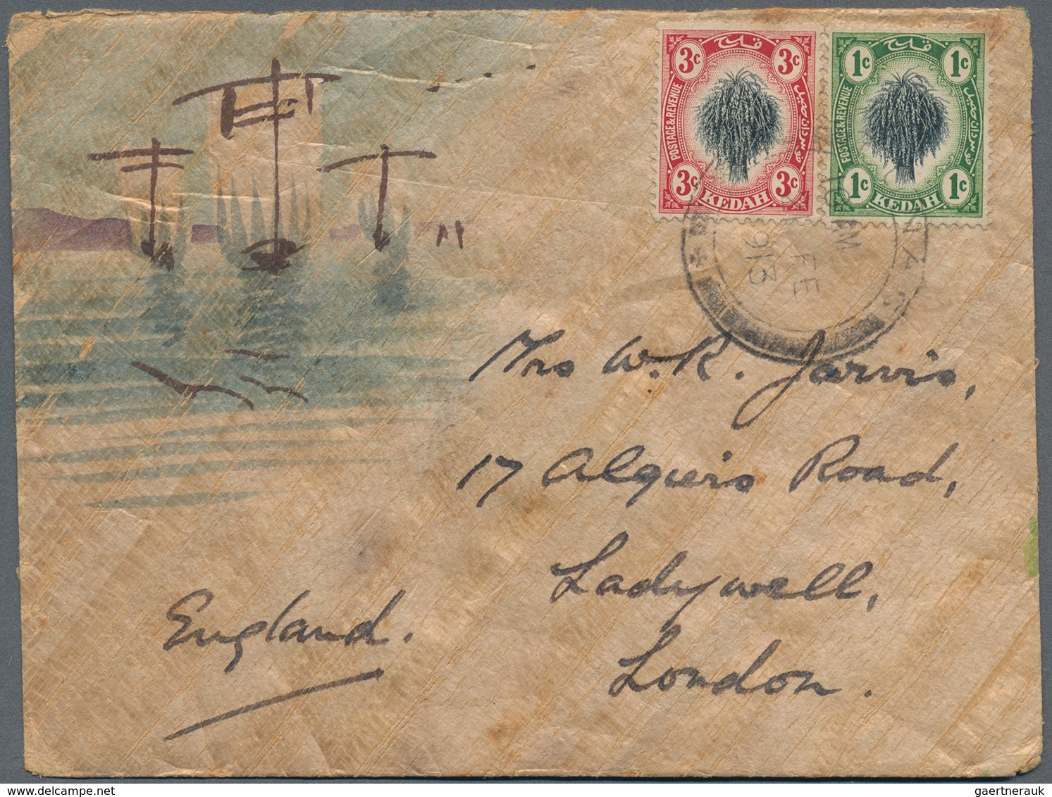 Malaiische Staaten - Kedah: 1913 (20.2.), Sheaf Of Rice 1c. Black/green And 3c. Black/red Used On Co - Kedah