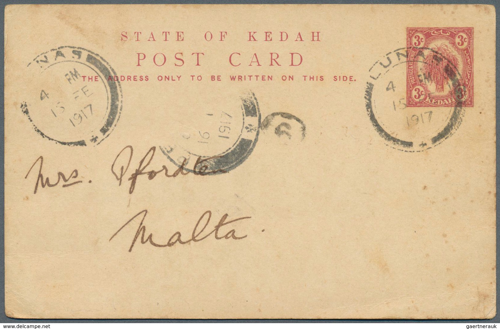 Malaiische Staaten - Kedah: 1917/28, Two Stationery Cards To Malta Island: 3 C. Tied "LUNAS 15 FE 19 - Kedah