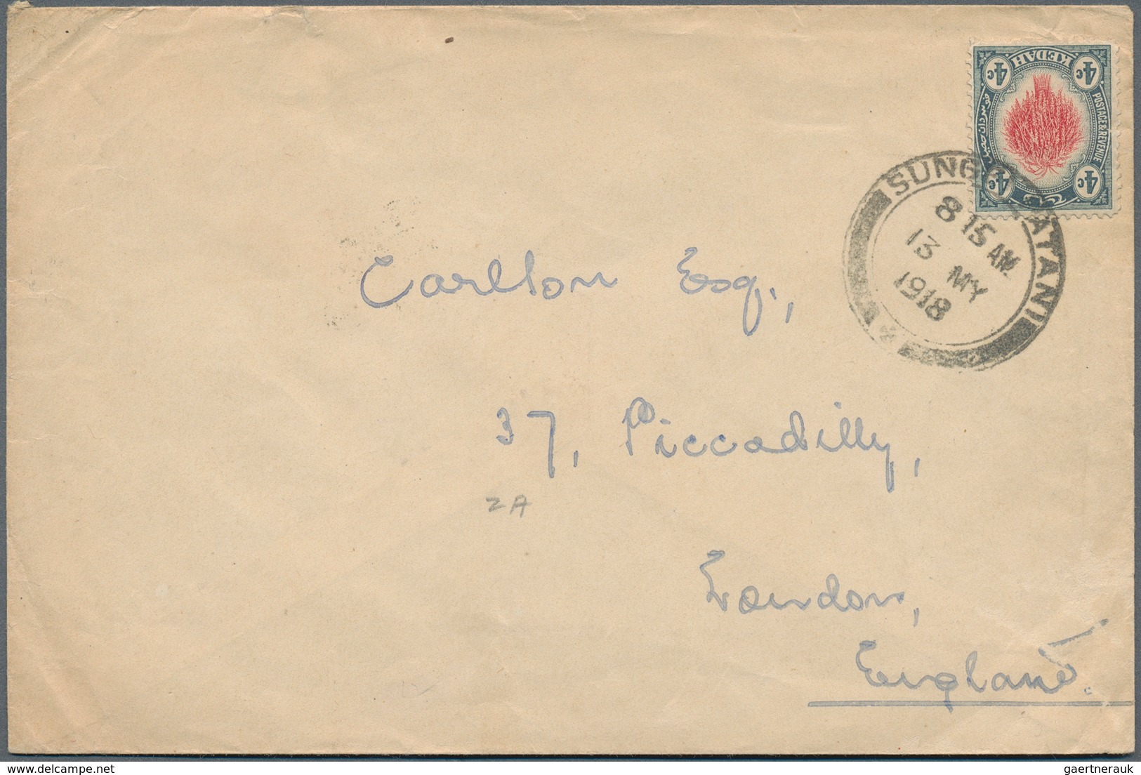 Malaiische Staaten - Kedah: 1918 (13.5.), Sheaf Of Rice 4c. Rose/grey Single Use On Cover From SUNGE - Kedah