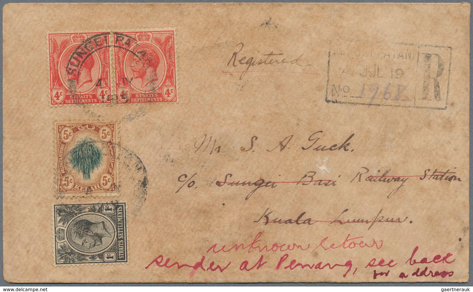 Malaiische Staaten - Kedah: 1919, 14c. Rate On Registered Cover From "SUNGEI PATANI 4 JY 1919" To Ku - Kedah