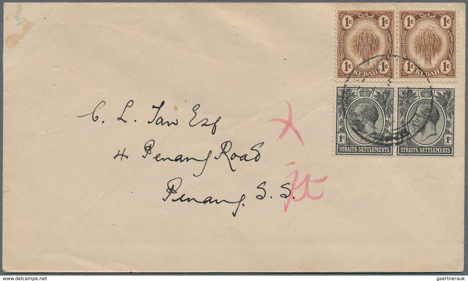 Malaiische Staaten - Kedah: 1919 (11.10.), Sheaf Of Rice 1c. Brown Horiz. Pair In Combination With S - Kedah