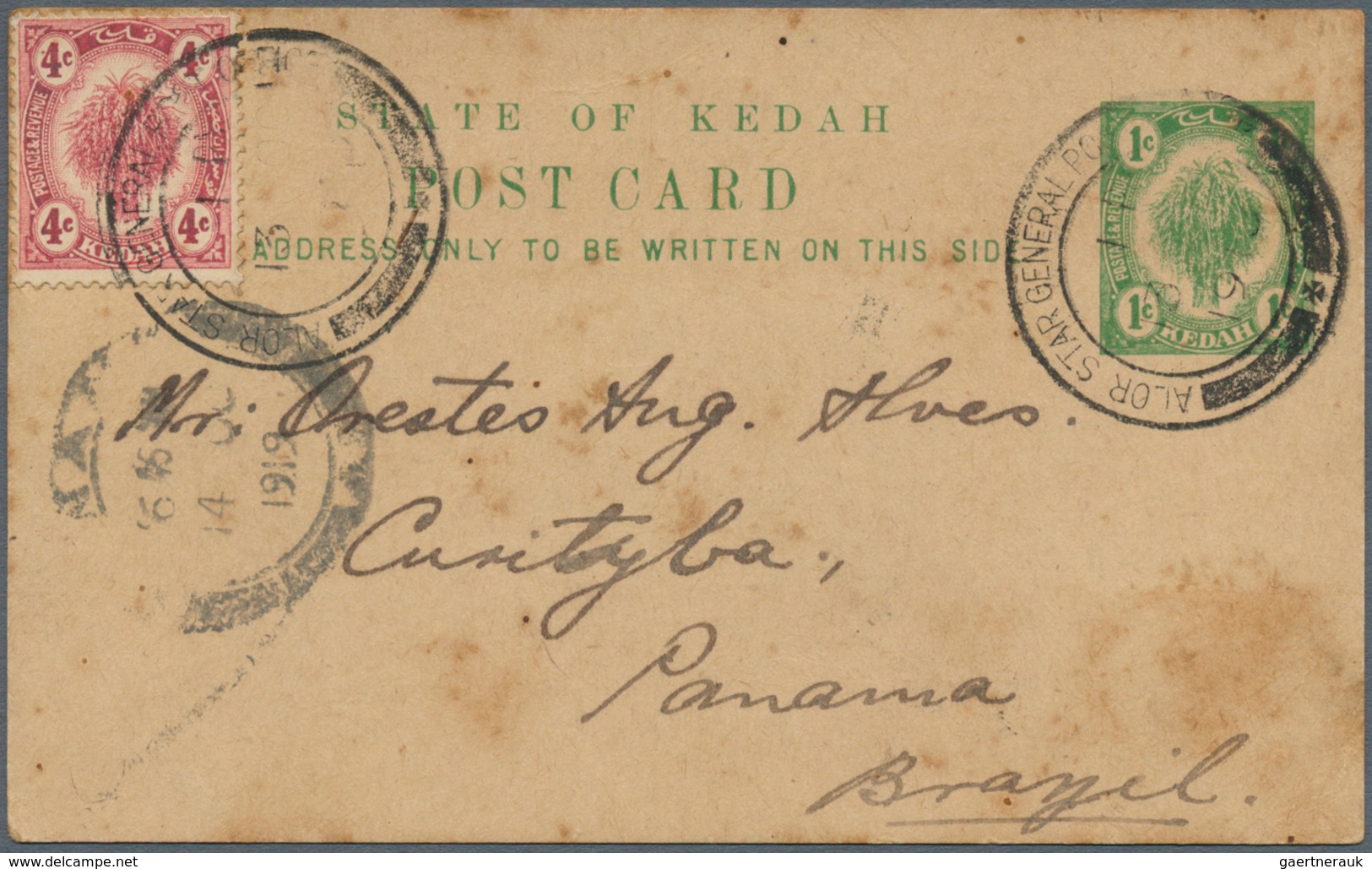 Malaiische Staaten - Kedah: 1919, 1 C Green Psc Uprated With 4 C Rose From ALOR STAR GENERAL POST OF - Kedah