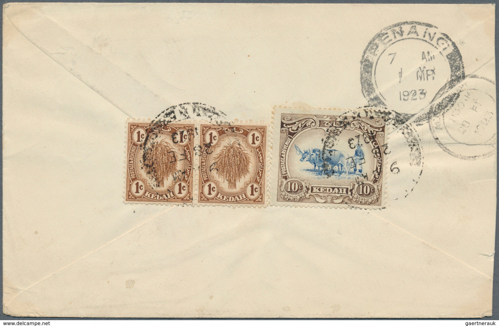 Malaiische Staaten - Kedah: 1923, 2 X 1 C Brown And 10 C Blue/sepia, Mixed Franking On Cover With Cd - Kedah