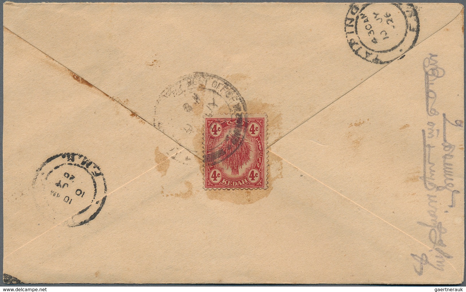 Malaiische Staaten - Kedah: 1926, 4 C Carmine, Single Franking On Reverse Of Cover From ALOR STAR G. - Kedah