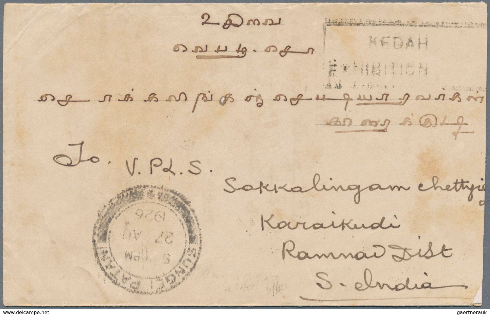 Malaiische Staaten - Kedah: 1926, ( 27. August), Letter To India, Arrived 4. September, Franked 6c O - Kedah